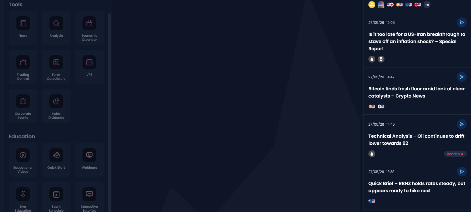 XM tools and education menu with news, analysis, economic calendar, forex calculators and webinars