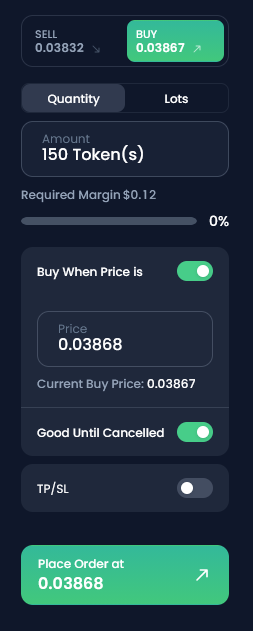 XM order ticket buying 150 units with Buy When Price and Good Until Cancelled toggles